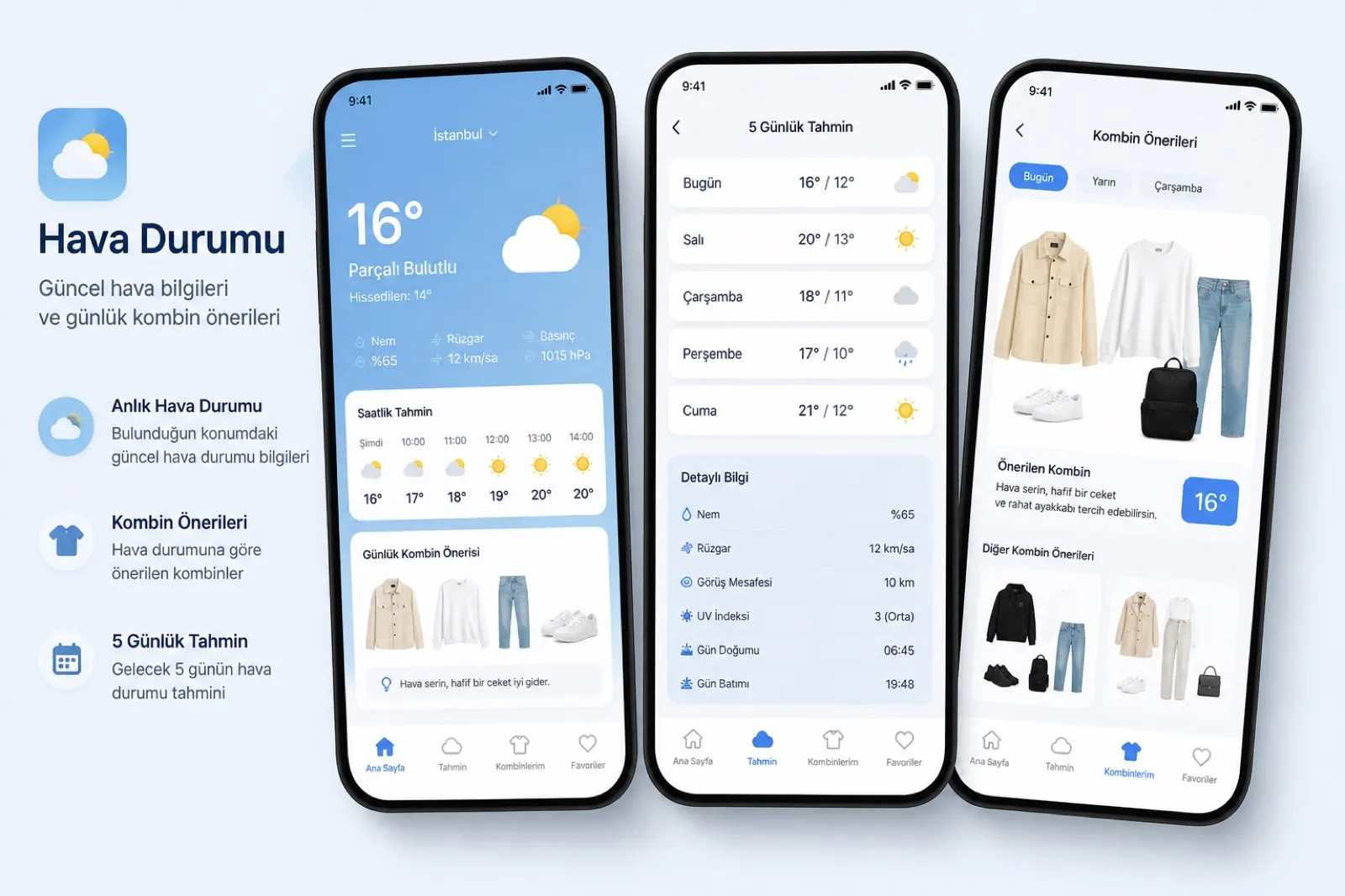 Three screens of the Weather & Outfit app