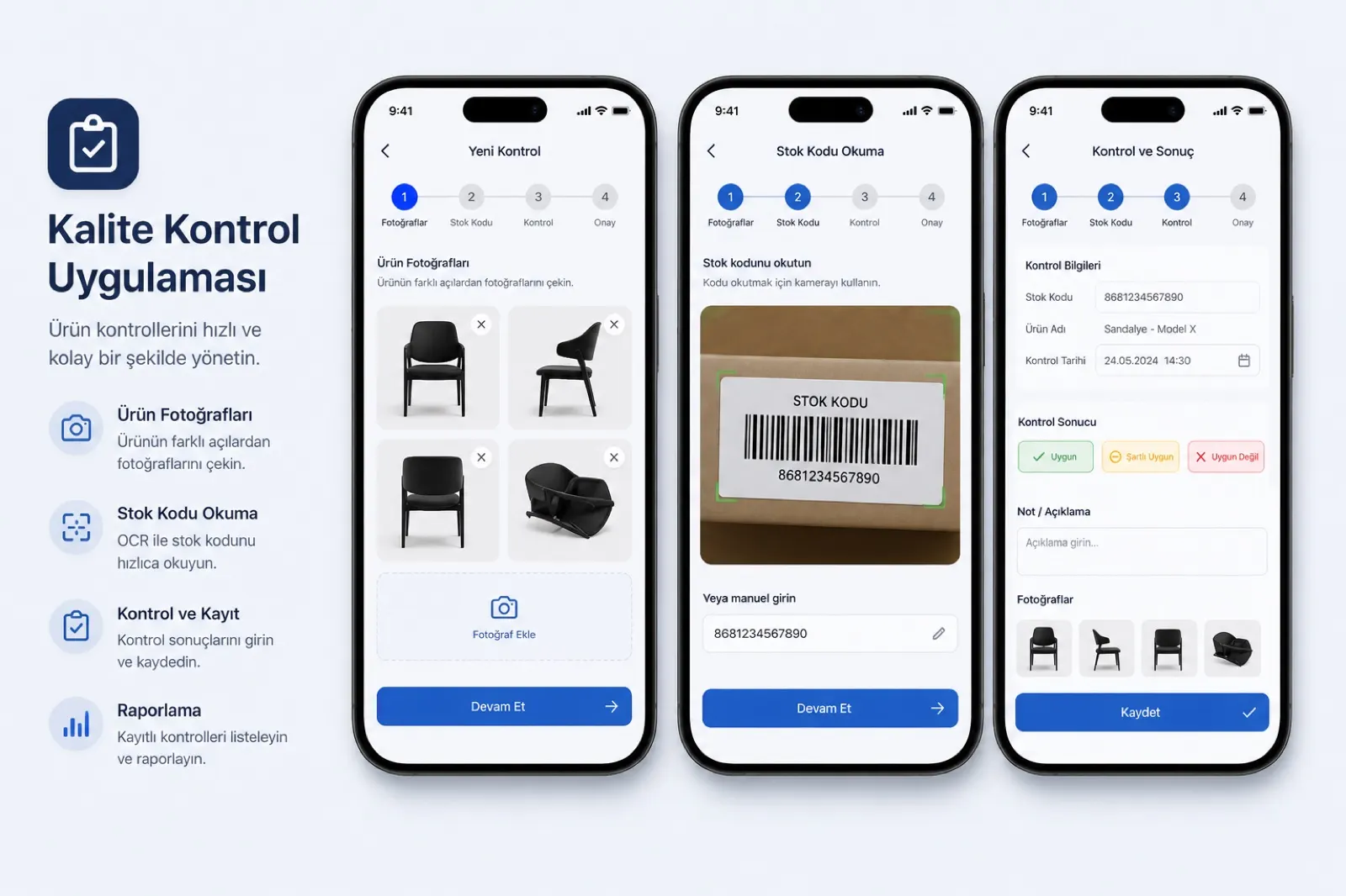 Screens of the Quality Control app