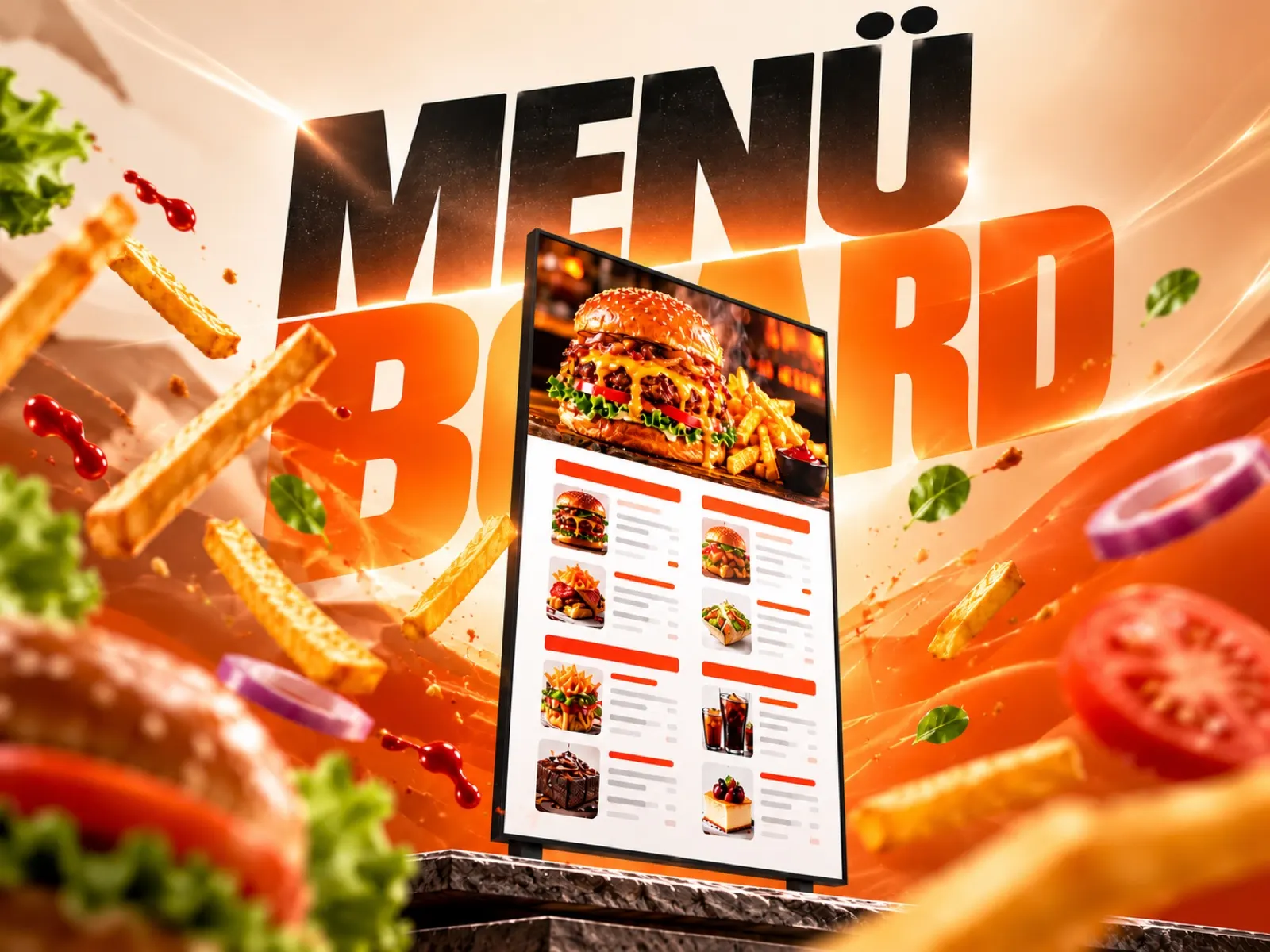 Menu board product ad visual: a digital menu screen with flying burgers and fries